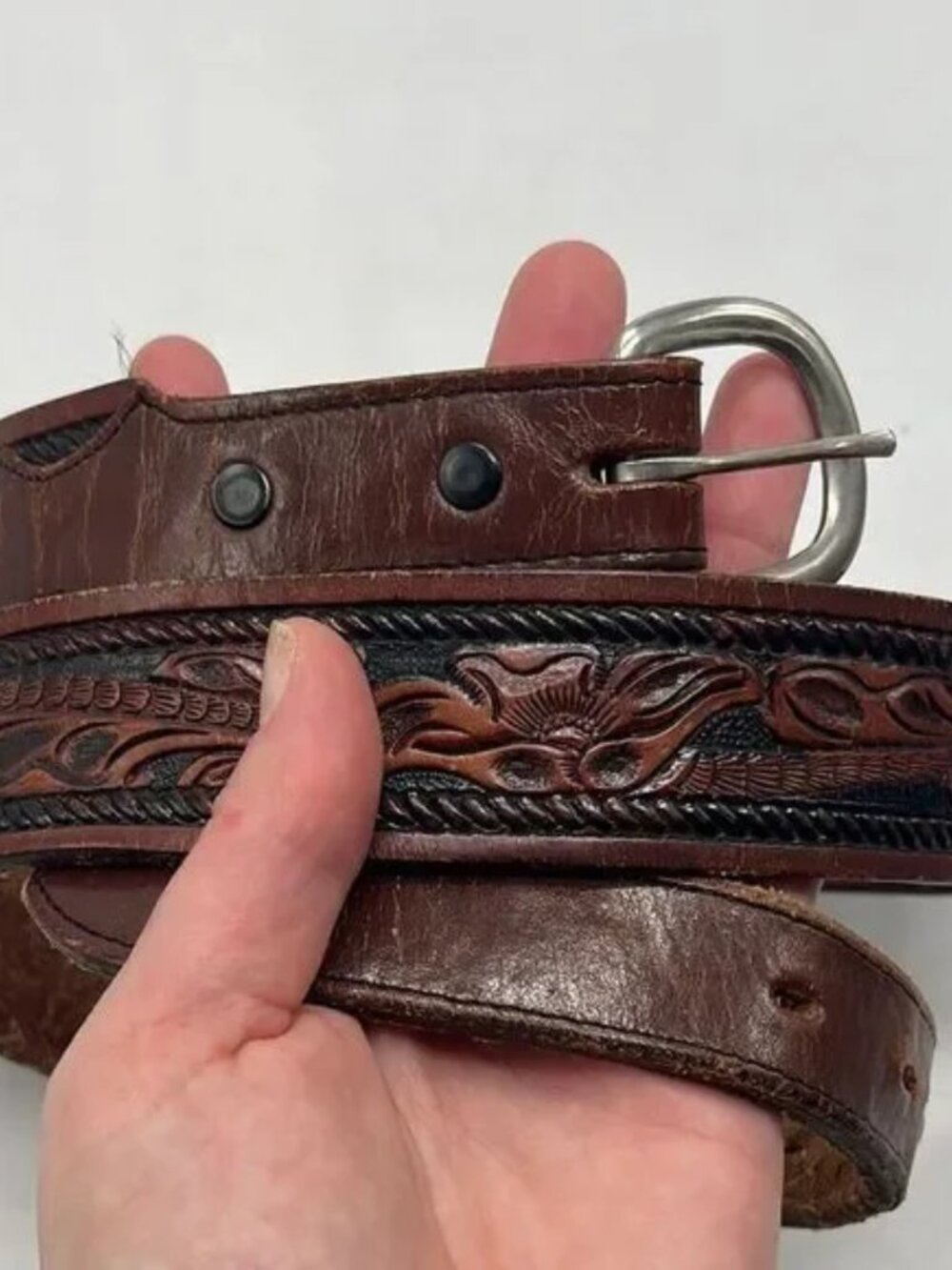 Vintage Floral Embossed Leather Western Belt Brown 32-36"